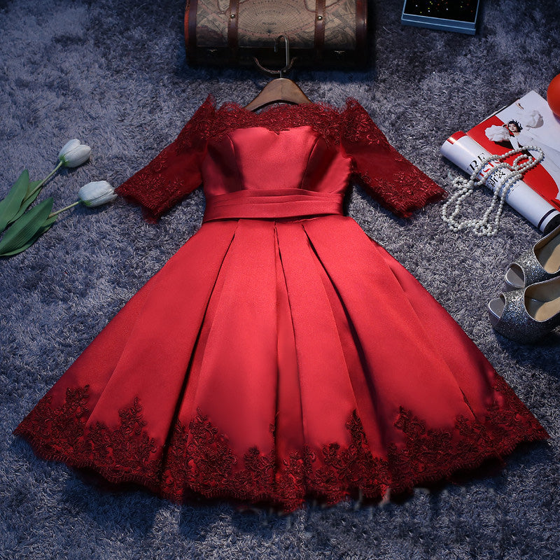 A-line satin lace short prom dress,homecoming dresses 7589