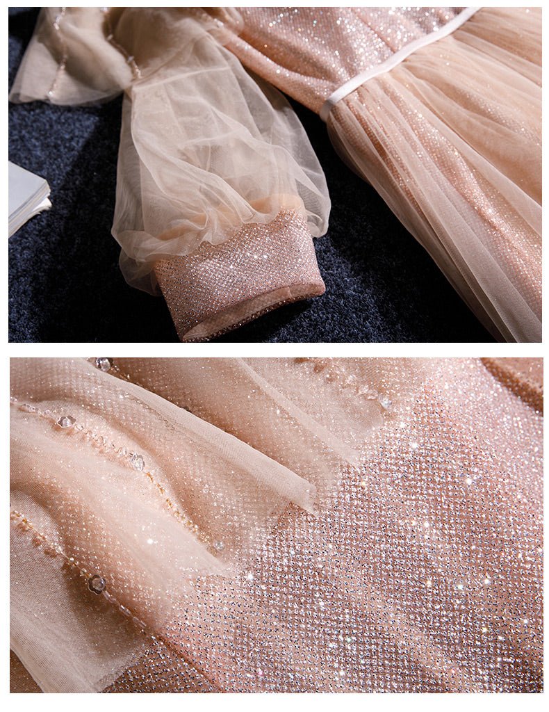 Pink tulle sequins long prom dress 8348