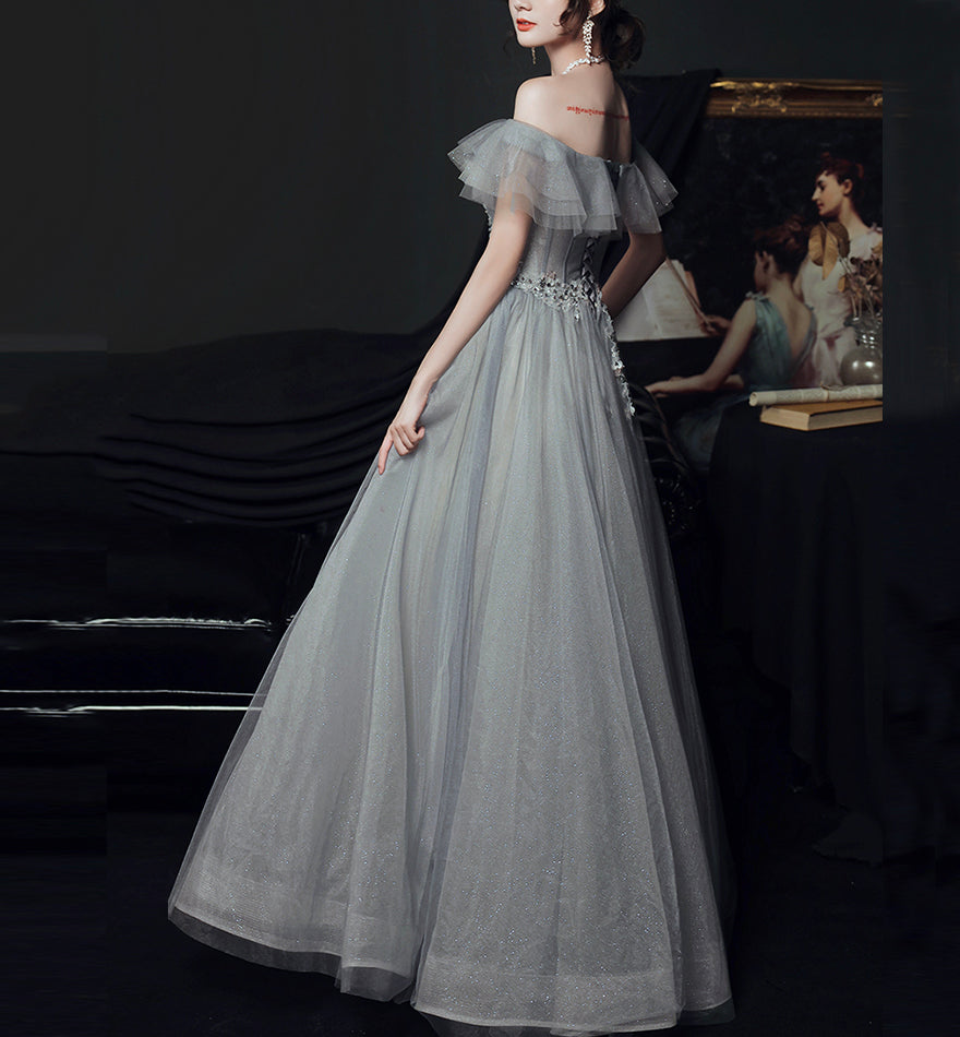 Gray tulle lace long prom dress evening dress 8436