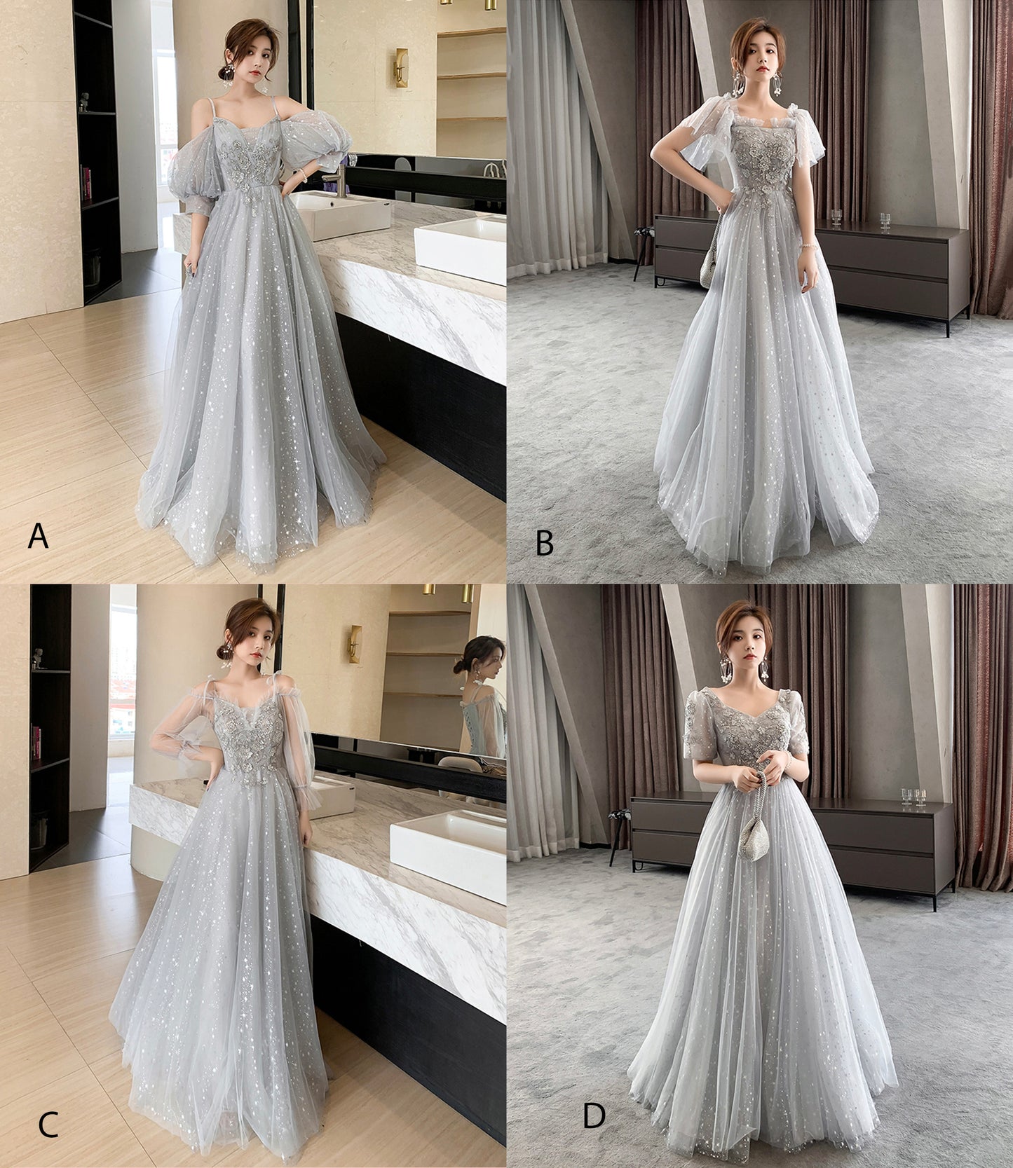 Robe de soirée longue en tulle et dentelle grise 8945