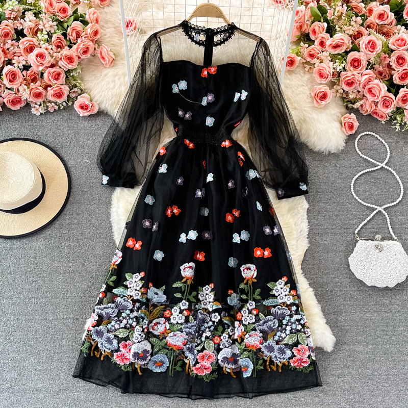 Black lace tulle long sleeve dress fashion dress 425