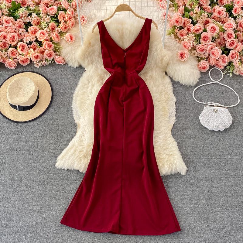 Red v neck dress fashion dress 423