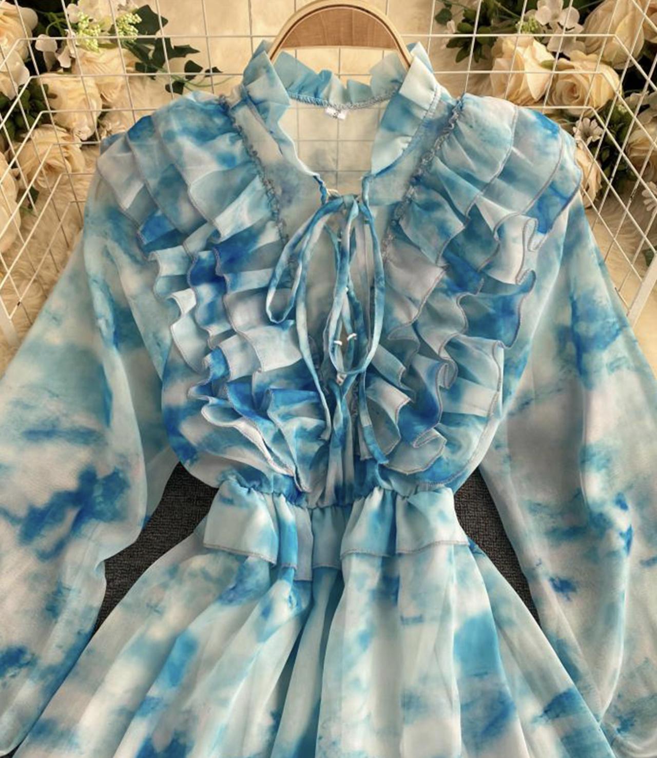 Blue A line long sleeve dress fashion dress 649