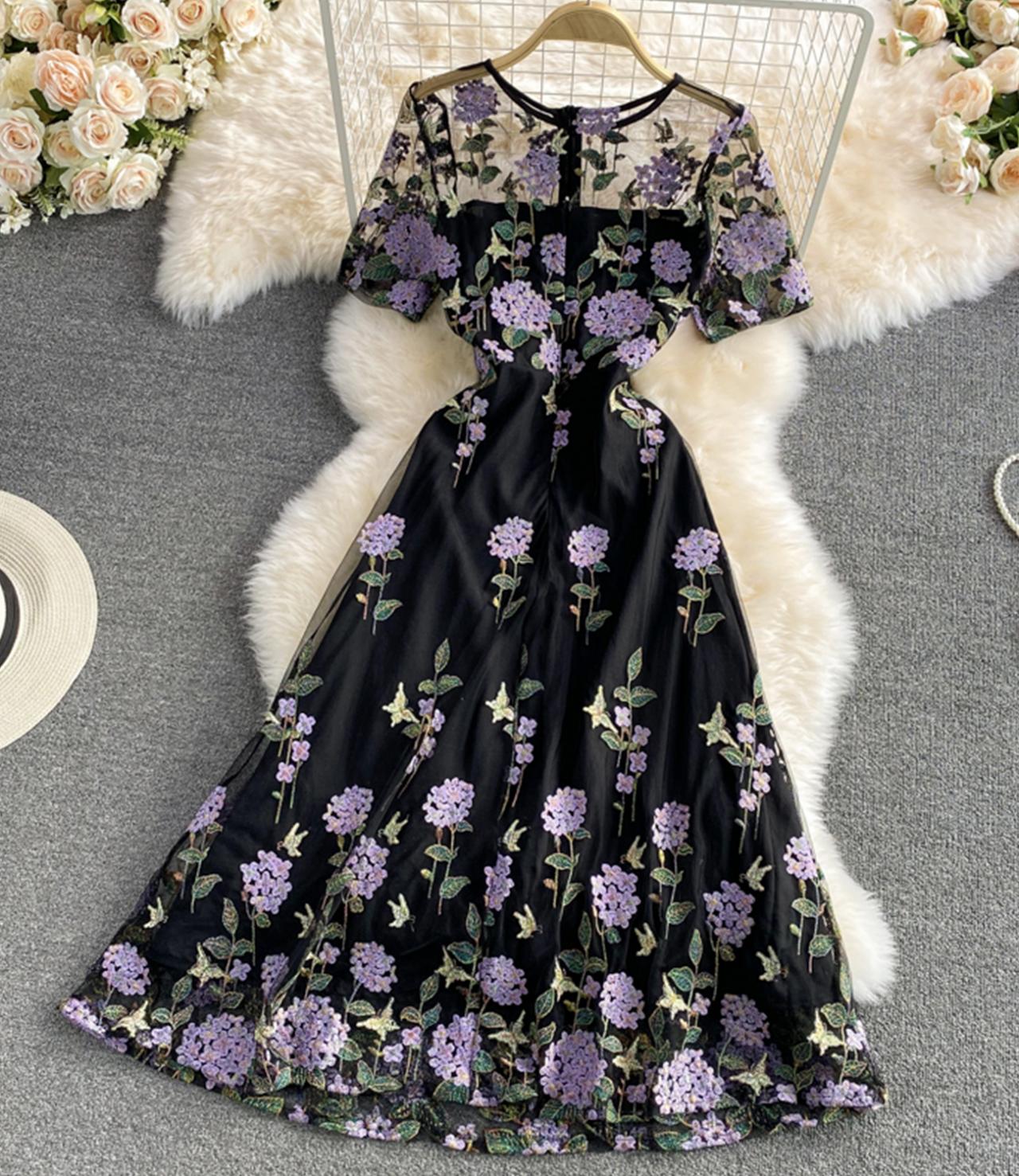 Black lace short dress A line fashion dress 676