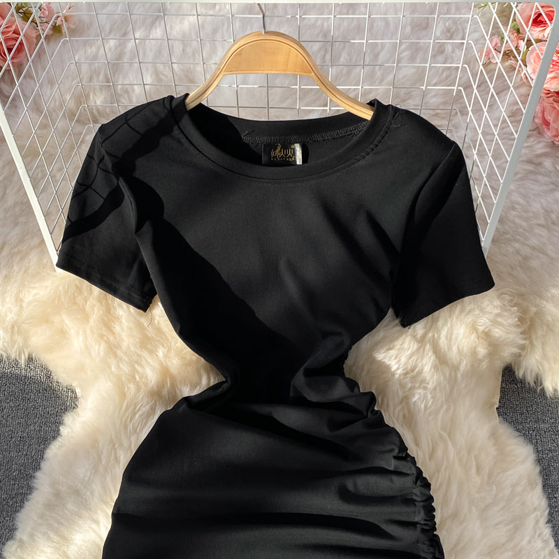 Slim waist casual side drawstring extra long over-the-knee slit striped T-shirt dress 557