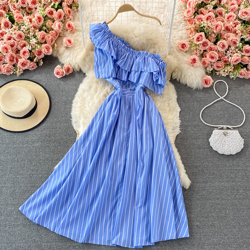 Cute blue stripe dress one shoulder dress 518