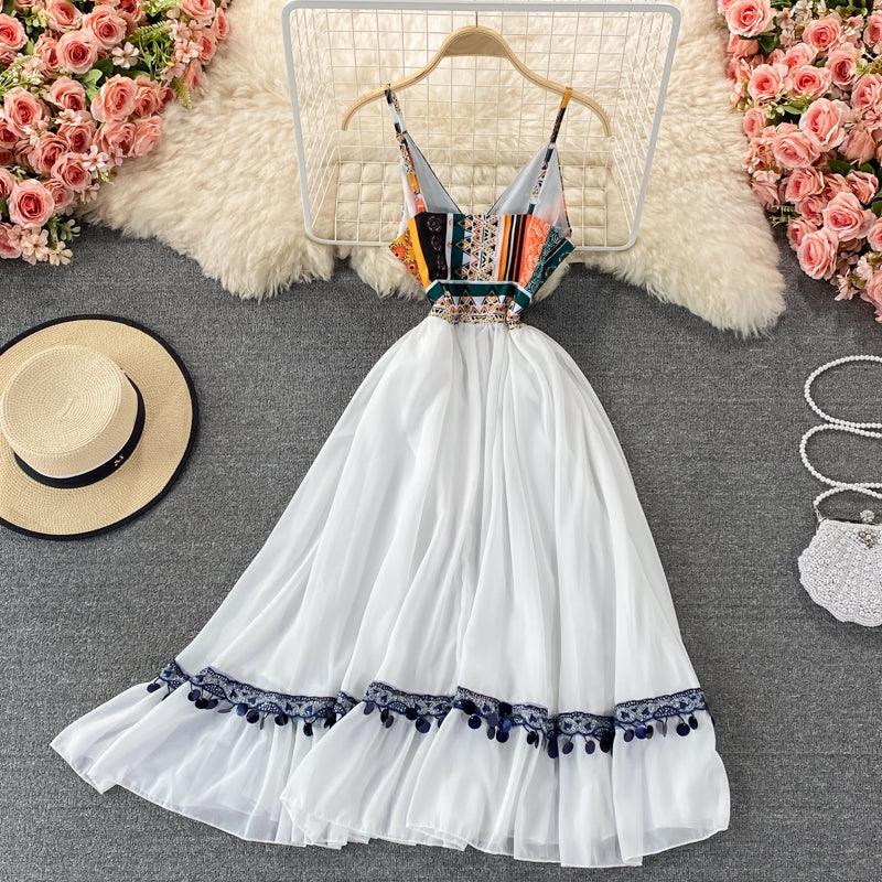 White A line v neck dress fashion dress 620