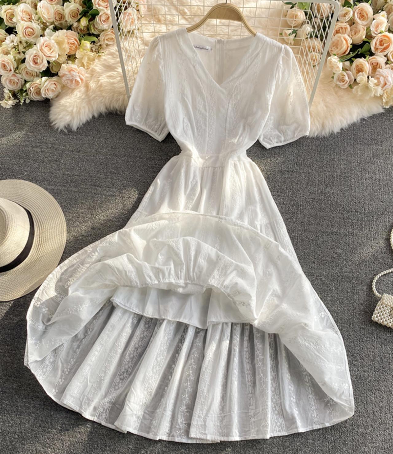 White A line v neck dress fashion dress 669