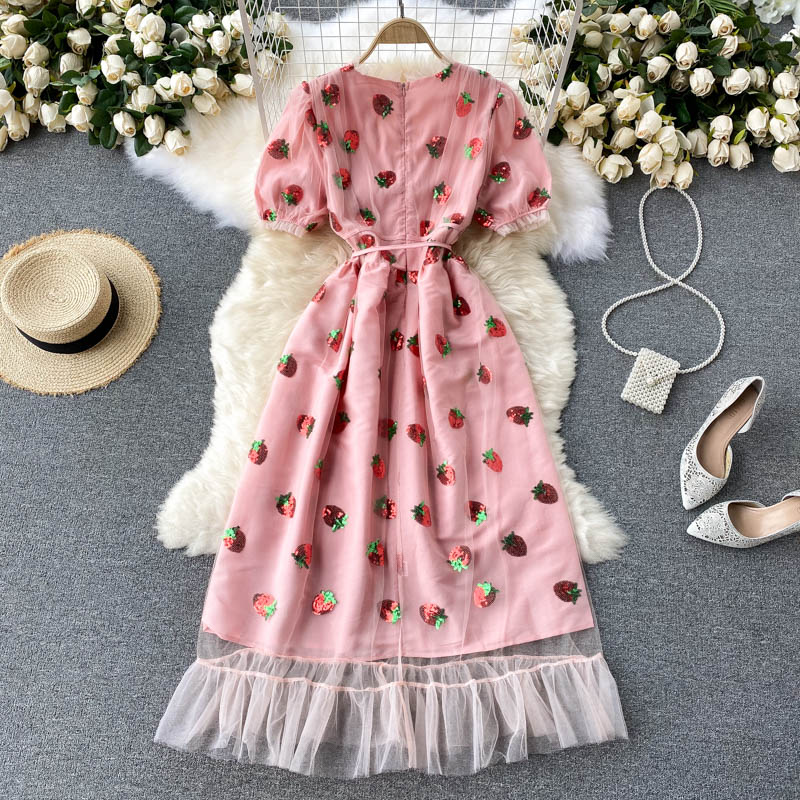 Rosa V-Ausschnitt Erdbeere A-Linie Kleid Modekleid 626