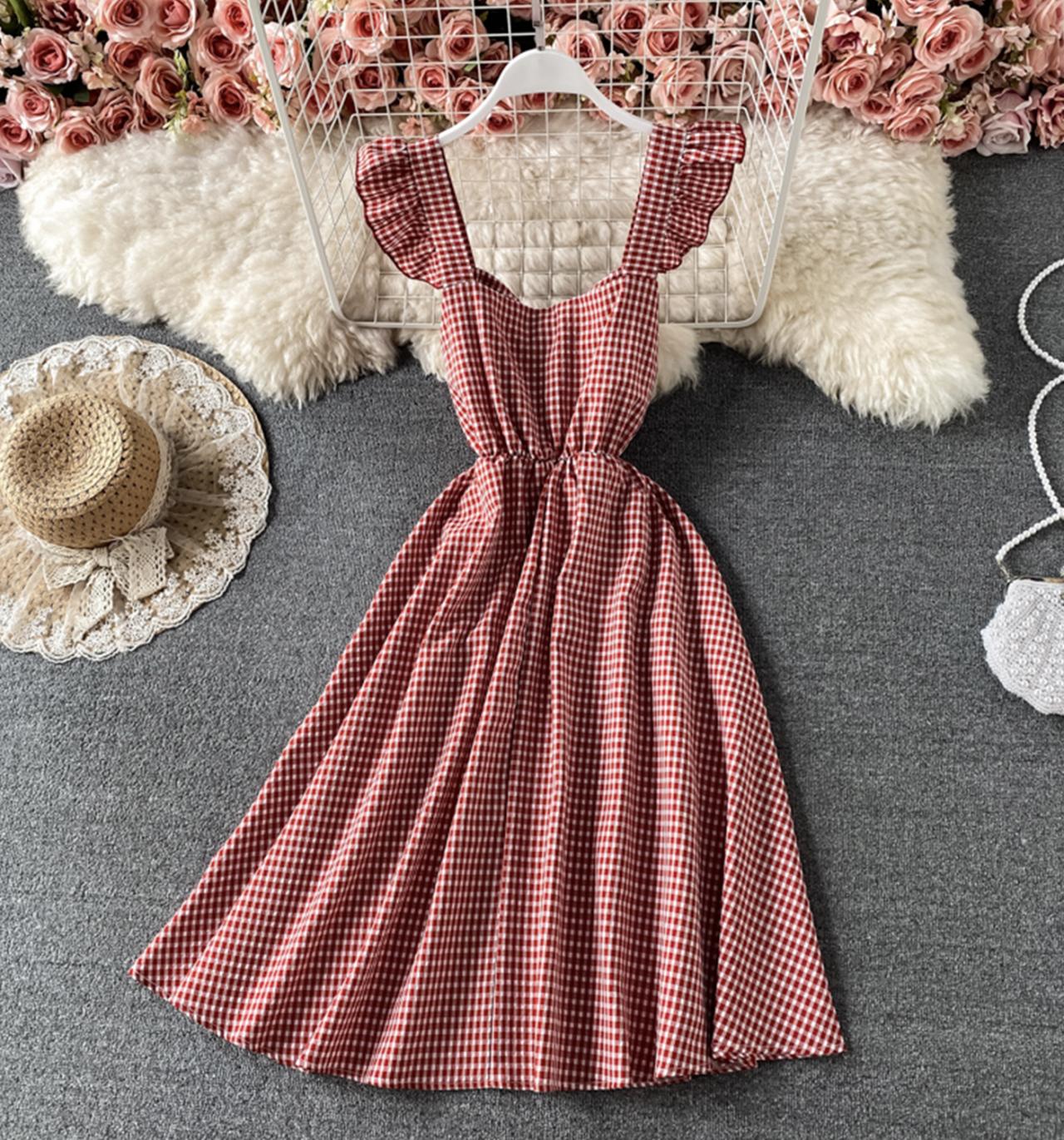 Cute plaid short dress A line dress 693