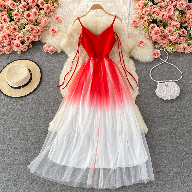 Robe courte en tulle à col en V et dégradé mignon, robe tendance 453