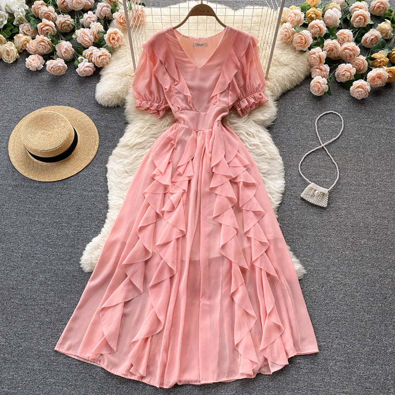 Süßes kurzes Kleid aus Chiffon mit V-Ausschnitt, Modekleid 471