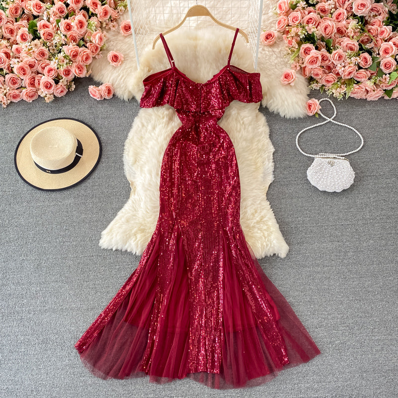 Süßes schulterfreies Kleid mit Pailletten Modekleid 469