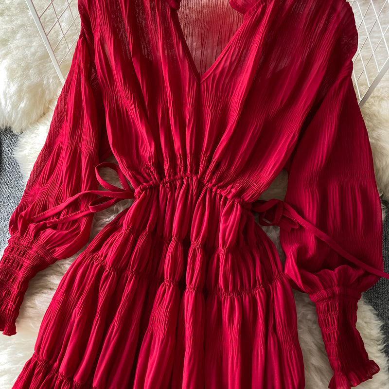 Süßes A-Linie V-Ausschnitt langes Kleid Modekleid 456