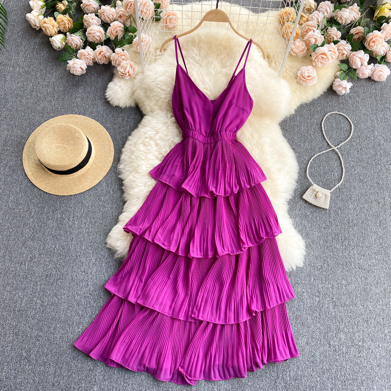 Lovely V-neck slim mid-length pleated ruffle dress 614