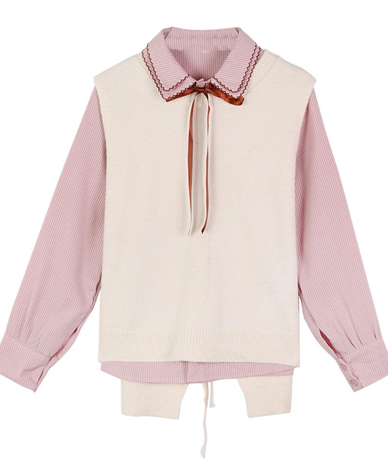 Joli gilet pull + chemise rayée à manches longues 367