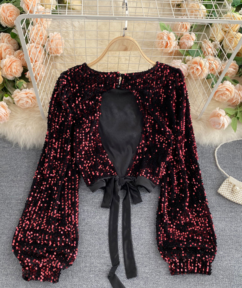 Glänzende Langarm-Pailletten-Tops mit offenem Rücken 368