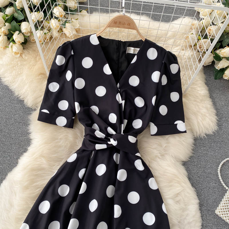 Cute polka dot v neck short dress fashion dress 414