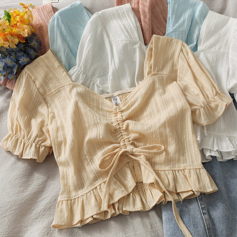 Einfaches Kurzarm-Crop-Top mit Kordelzug 292