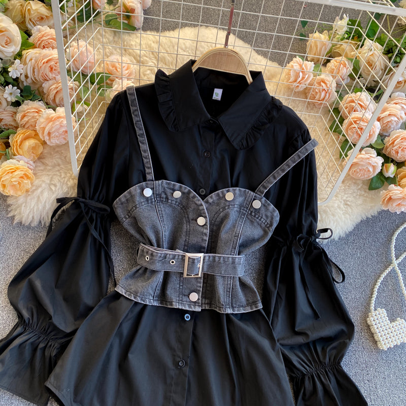 Chemise simple, manches bouffantes, camisole en jean ample et polyvalente, costume deux pièces empilable 261