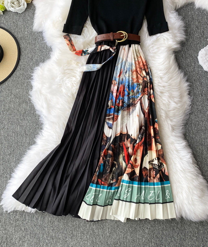 A-Linie gestricktes Patchwork-Kleid bedrucktes Kleid 201