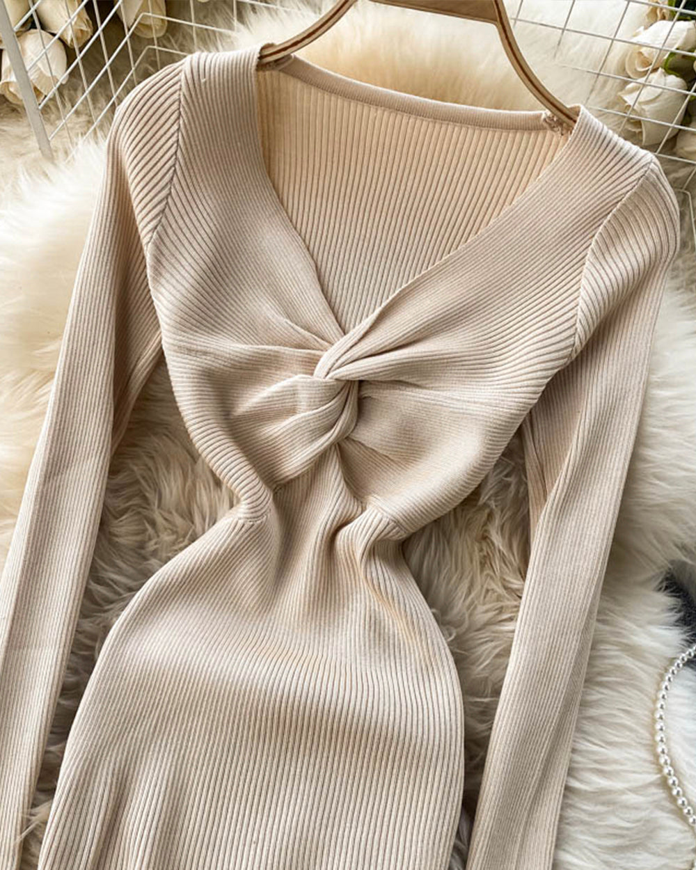 Knitted dress v neck long sleeve dress 181