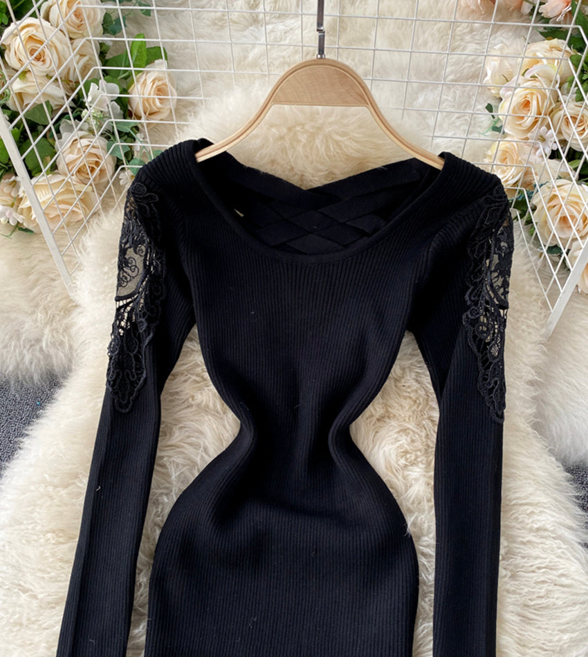 Sexy Langarm-Strickpullover mit Spitzeneinsatz 191