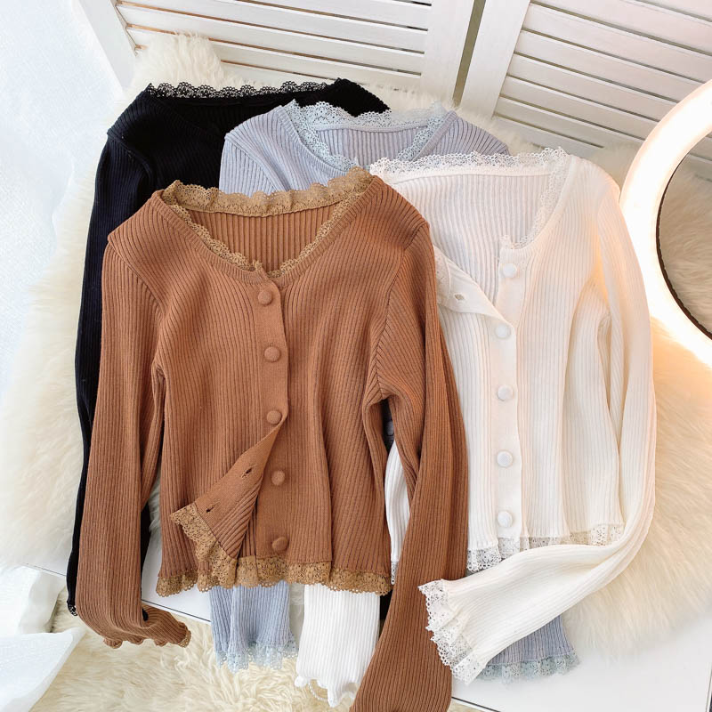 Simple Cardigan Lace Long Sleeve Sweater 139