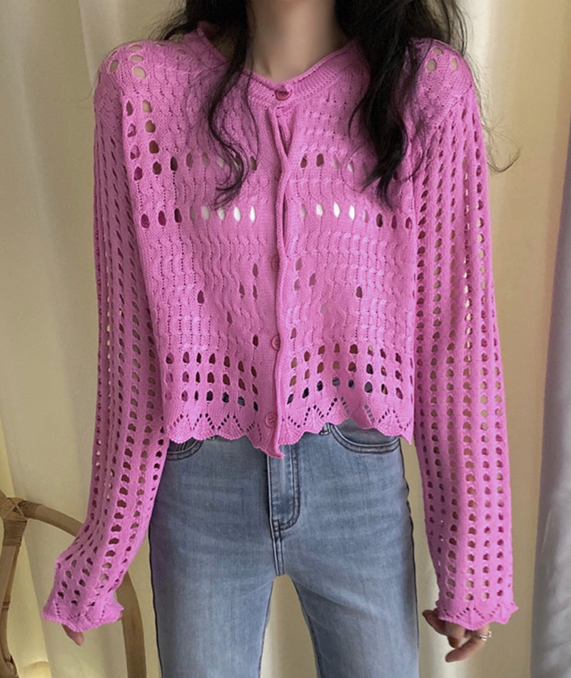 White hollow out long sleeves cropped cardigan 152