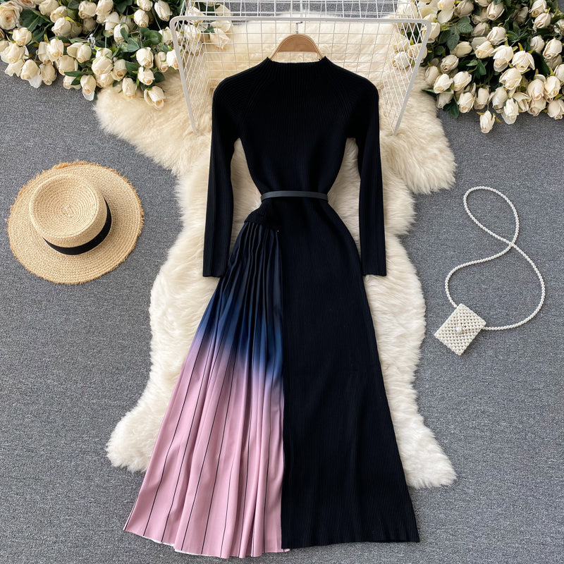 Black A line long sleeve dress knitted dress 162