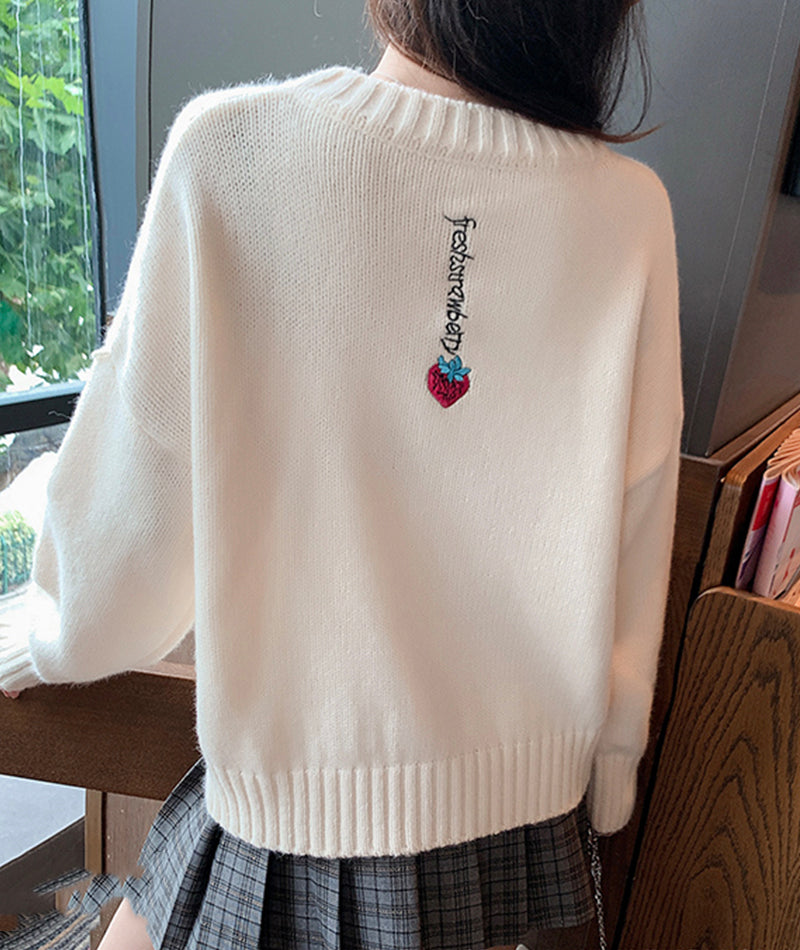 Cute round neck loose sweater strawberry embroidery long sleeve sweater 108