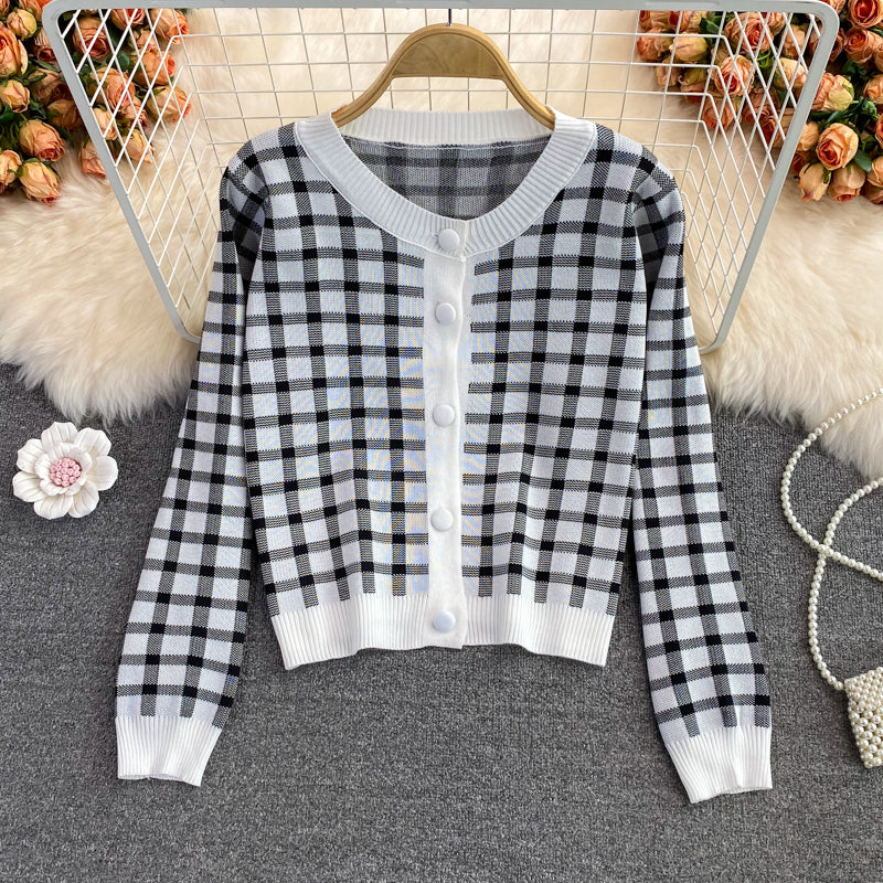 Cute Plaid Long Sleeve Cardigan Sweater 141