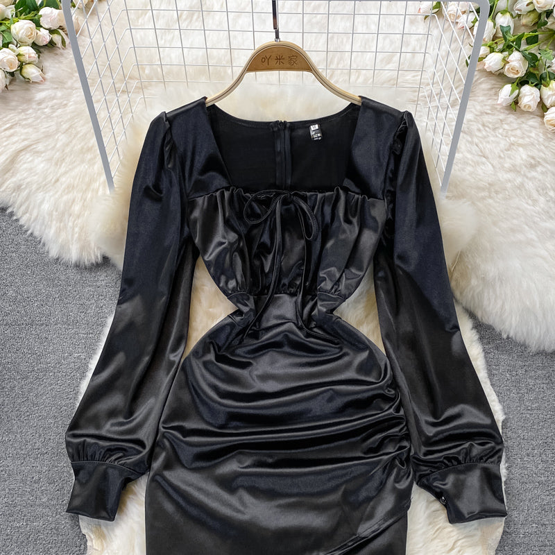 Sexy square neck acetate Satin wrinkle slim wrap hip dress 3385