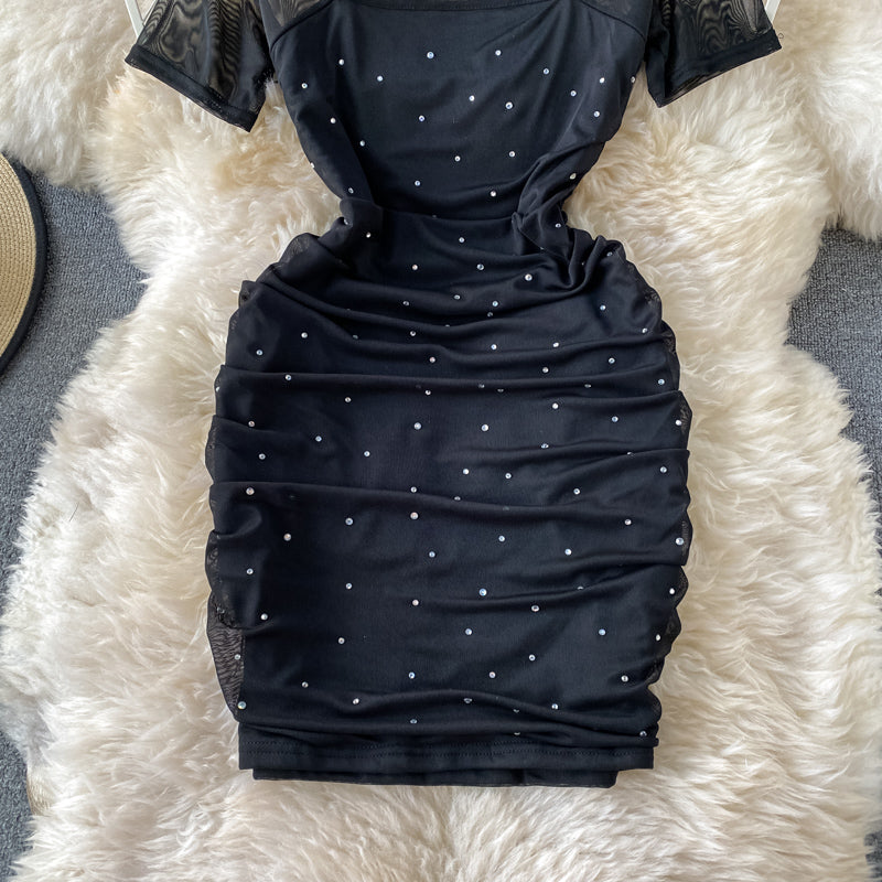 Sexy square neck slim slim fit mesh hot drill pleated Hip Wrap Dress 3172