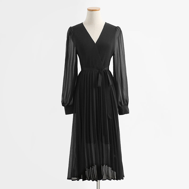 Robe col en V manches longues jupe plissée patchwork jupe courte 2140