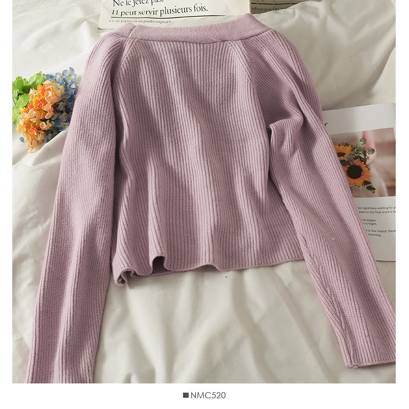 Pullover Damen neue kurze Strickjacke mit zwei Knöpfen mit niedrigem Halsausschnitt 1800