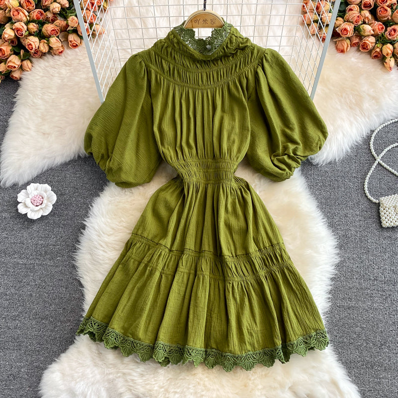 French court lantern sleeve design lace stitching stand collar dress 3377