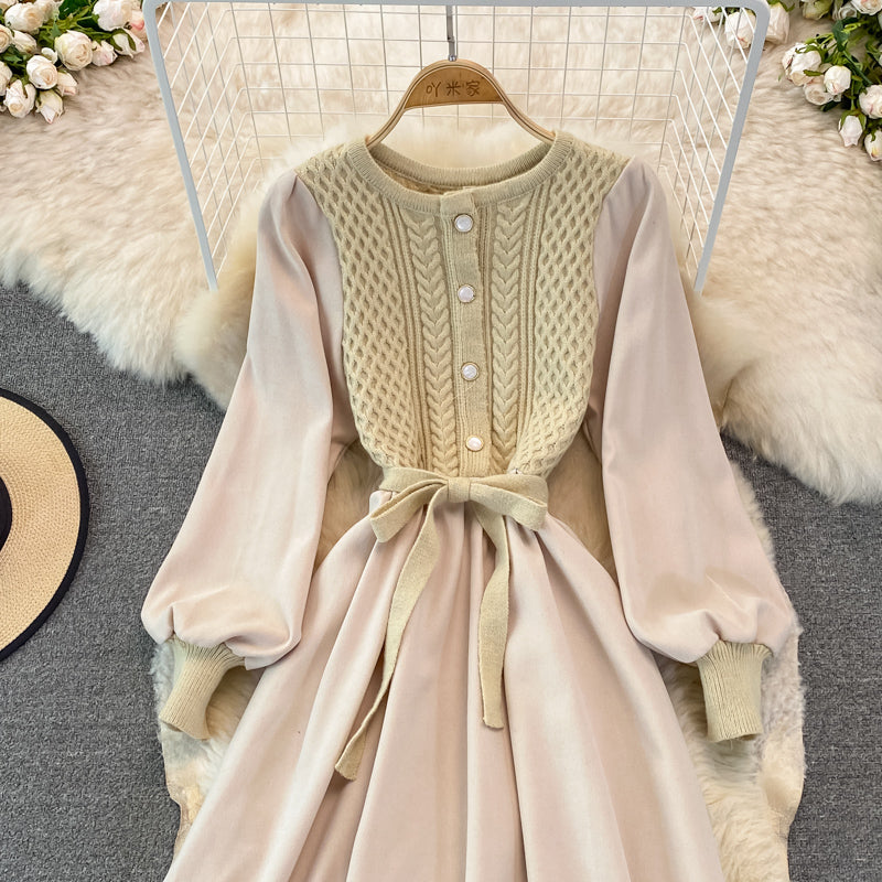 Crew neck twist knit stitched dress 3267