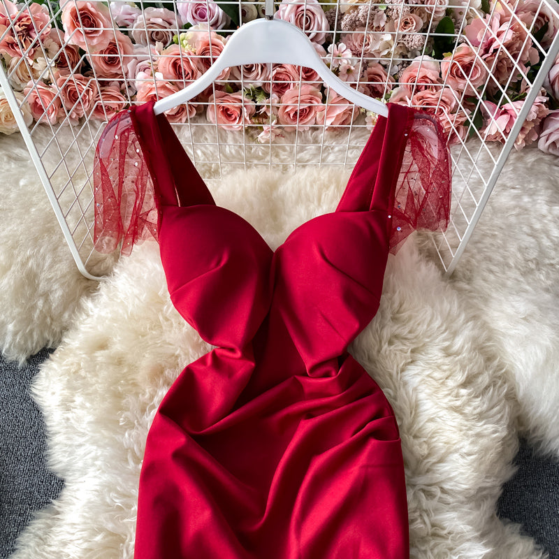 Sexy backless pleated slim wrap hip skirt fashion split dress 3284