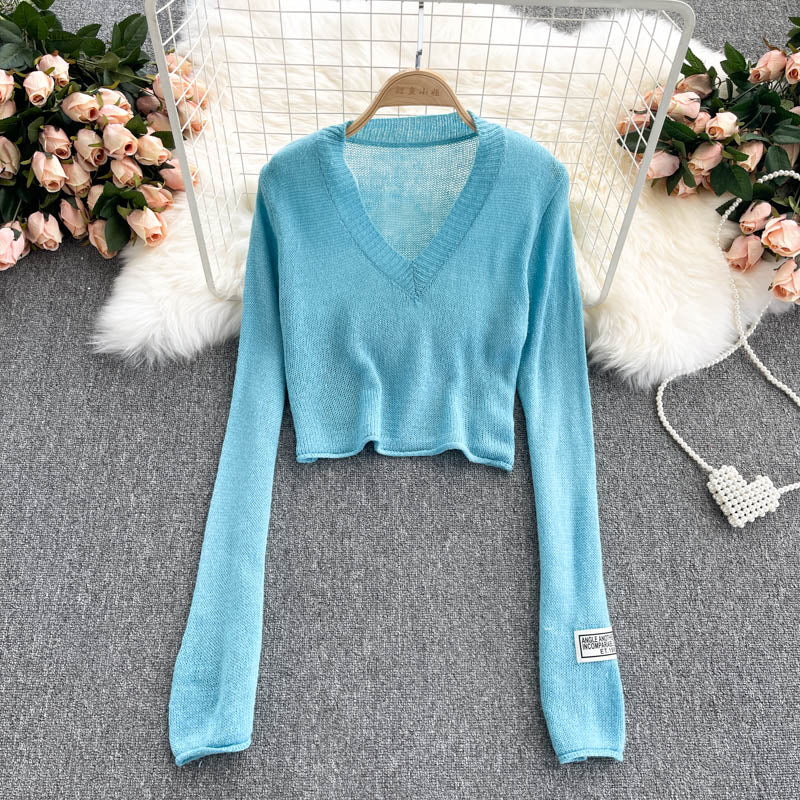 Solid V-neck slim high waist sweater female 1609