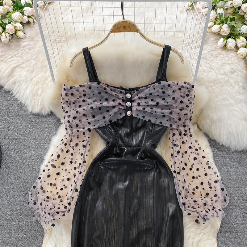 Metallic mosaic dot mesh suspender dress dress dress 3268