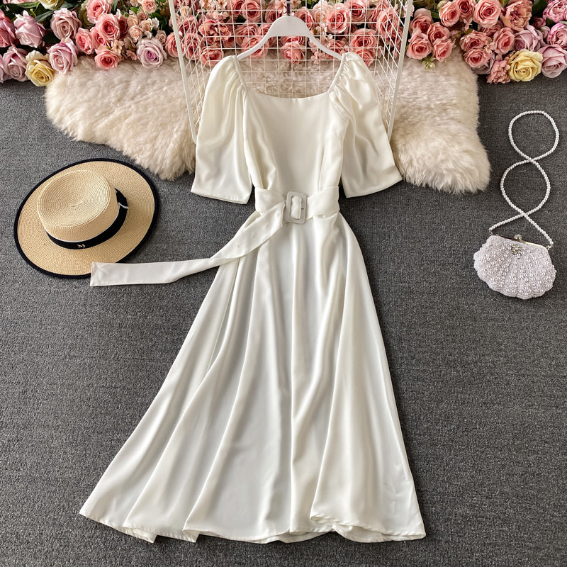 French square neck bubble sleeve lace up waist slim backless dress 3170