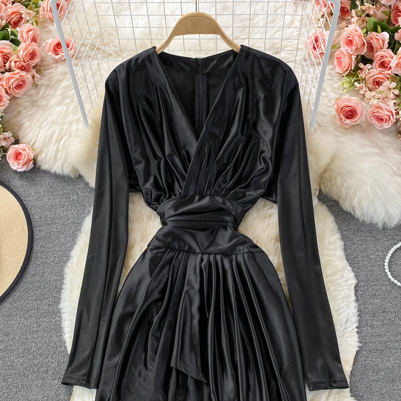 Satin high waist with thin V-neck irregular dress 3352