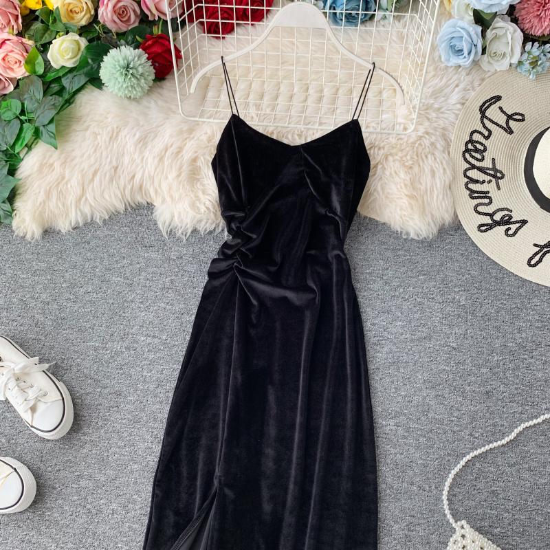 Sexy velvet dress women's slim V-neck suspender skirt 2713