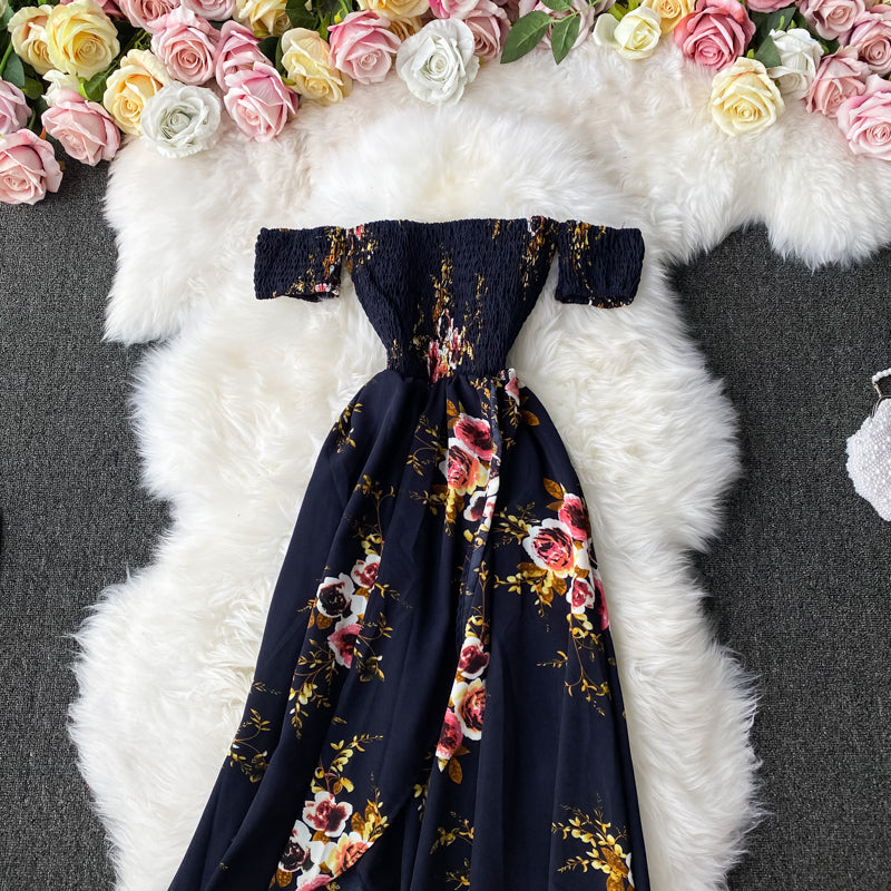 Fashion temperament one shoulder Strapless Floral Dress 2927