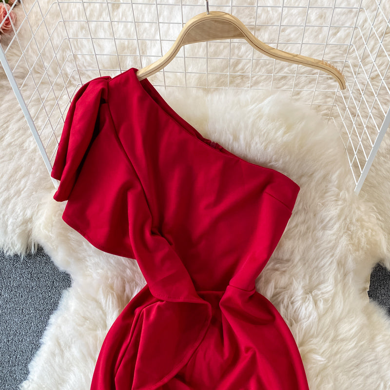 Sexy ruffled diagonal neckline backless dress 2974