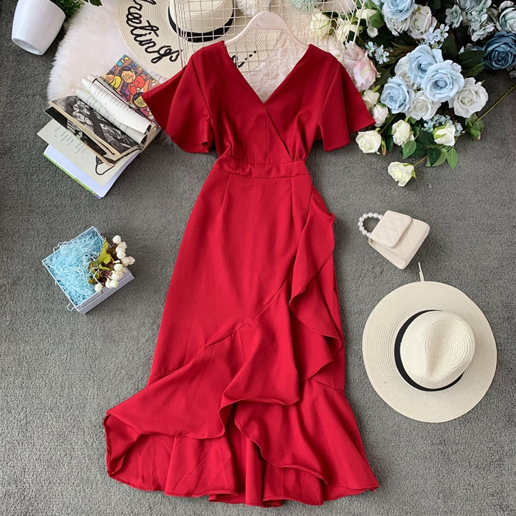 Ruffle front short back irregular middle skirt irregular dress 3400