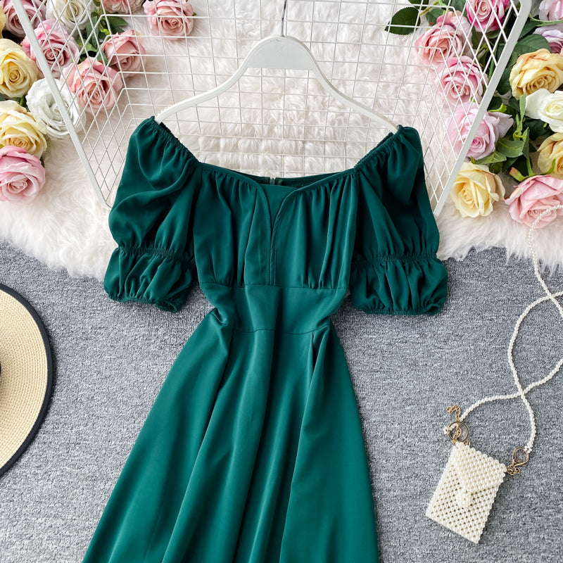 French retro square neck bubble Short Sleeve Dress 2877