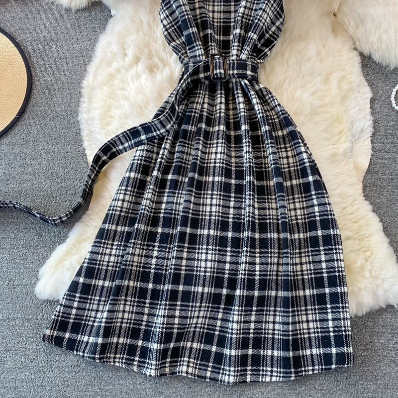 French retro Plaid strap skirt versatile backless A-line dress 2867