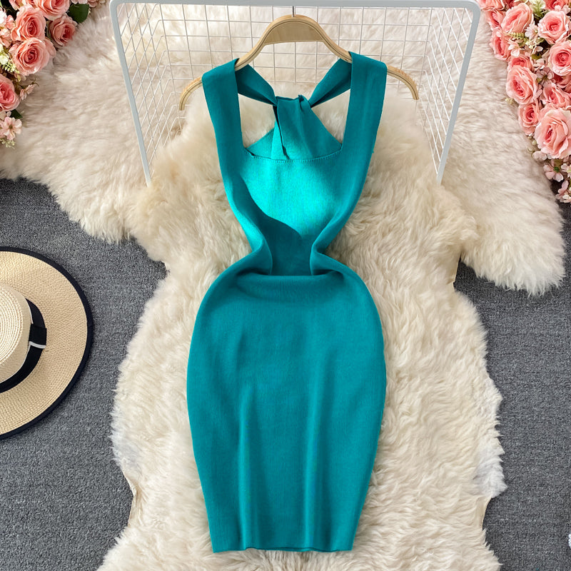 Hanging neck open back square neck knitted Hip Wrap Dress 2768